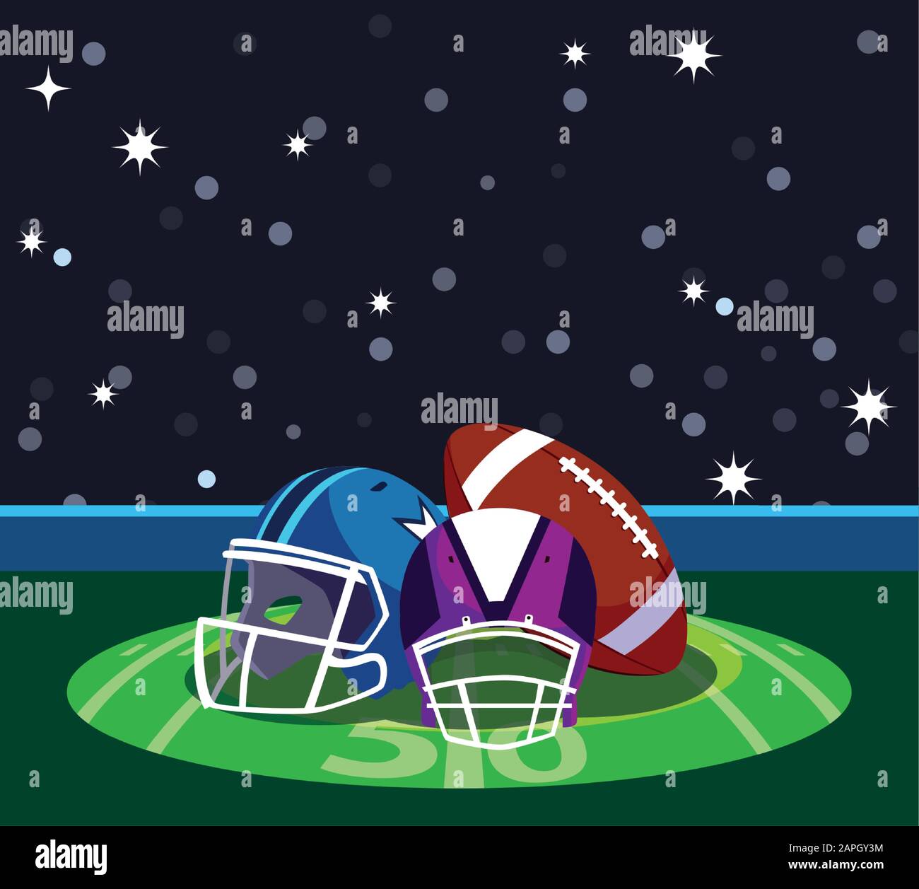 Caschi e palla di fronte al granstand design, Super Bowl american football sport hobby gioco allenamento attrezzature tournement e giocare tema Vector illustrazione Illustrazione Vettoriale