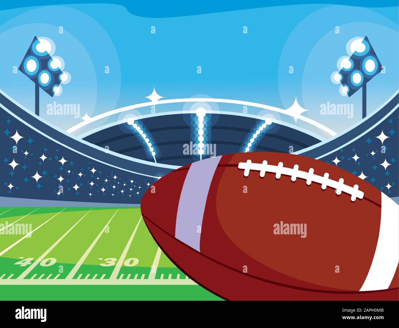 Palla di fronte al granstand design, Super Bowl american calcio sport hobby gioco attrezzature di allenamento tournement e giocare tema Vector illustrazione Illustrazione Vettoriale