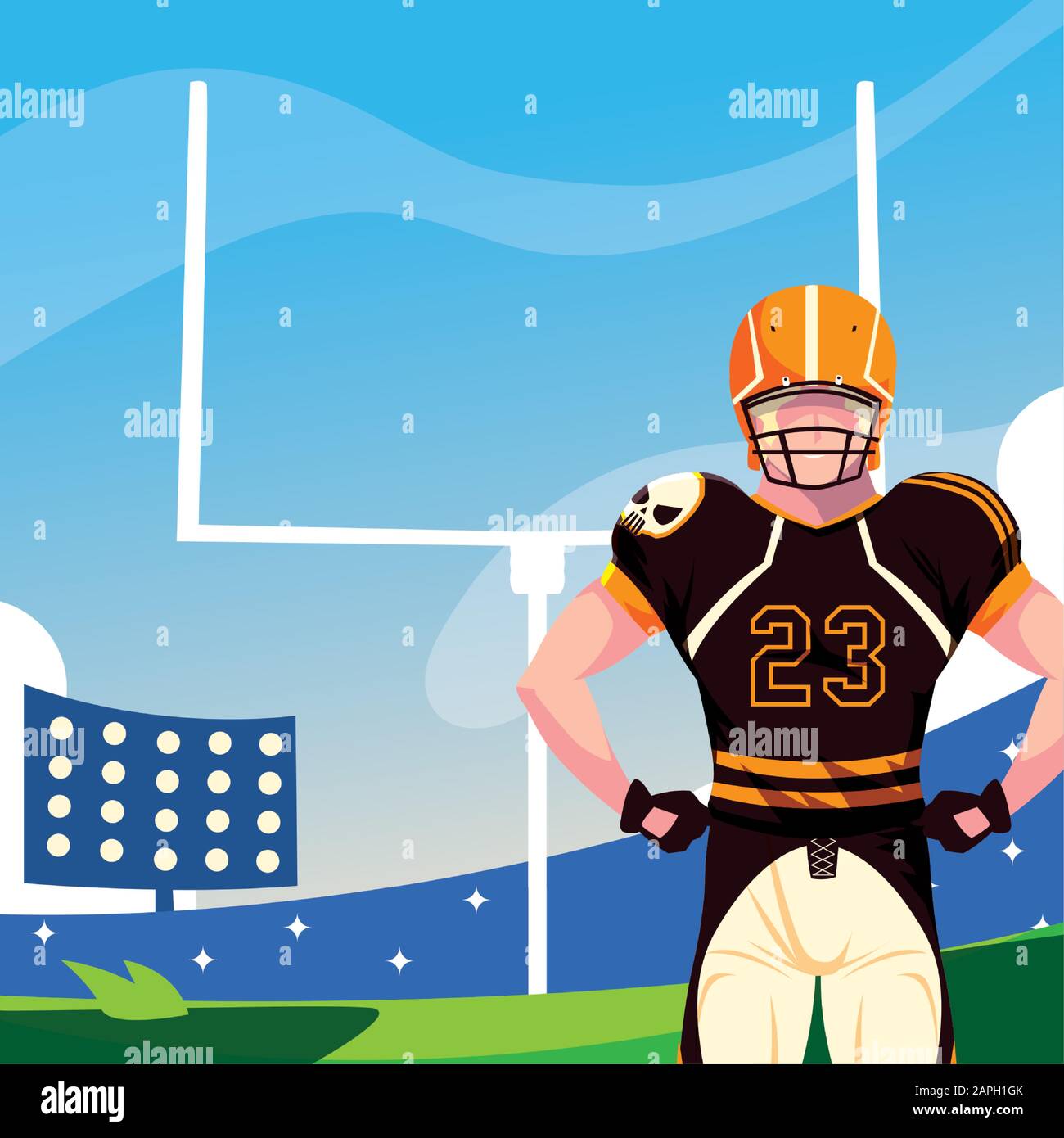 Giocatore con casco di fronte al design tribuna, Super Bowl american football sport hobby gioco allenamento attrezzature tournement e giocare tema Vector illustrazione Illustrazione Vettoriale