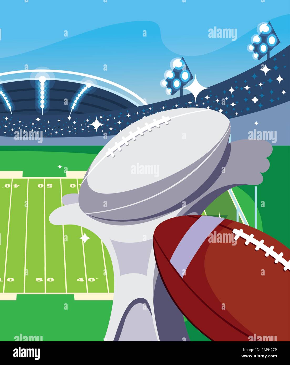 Trofeo e palla di fronte al granstand design, Super Bowl american football sport hobby gioco allenamento attrezzature tournement e giocare tema Vector illustrazione Illustrazione Vettoriale