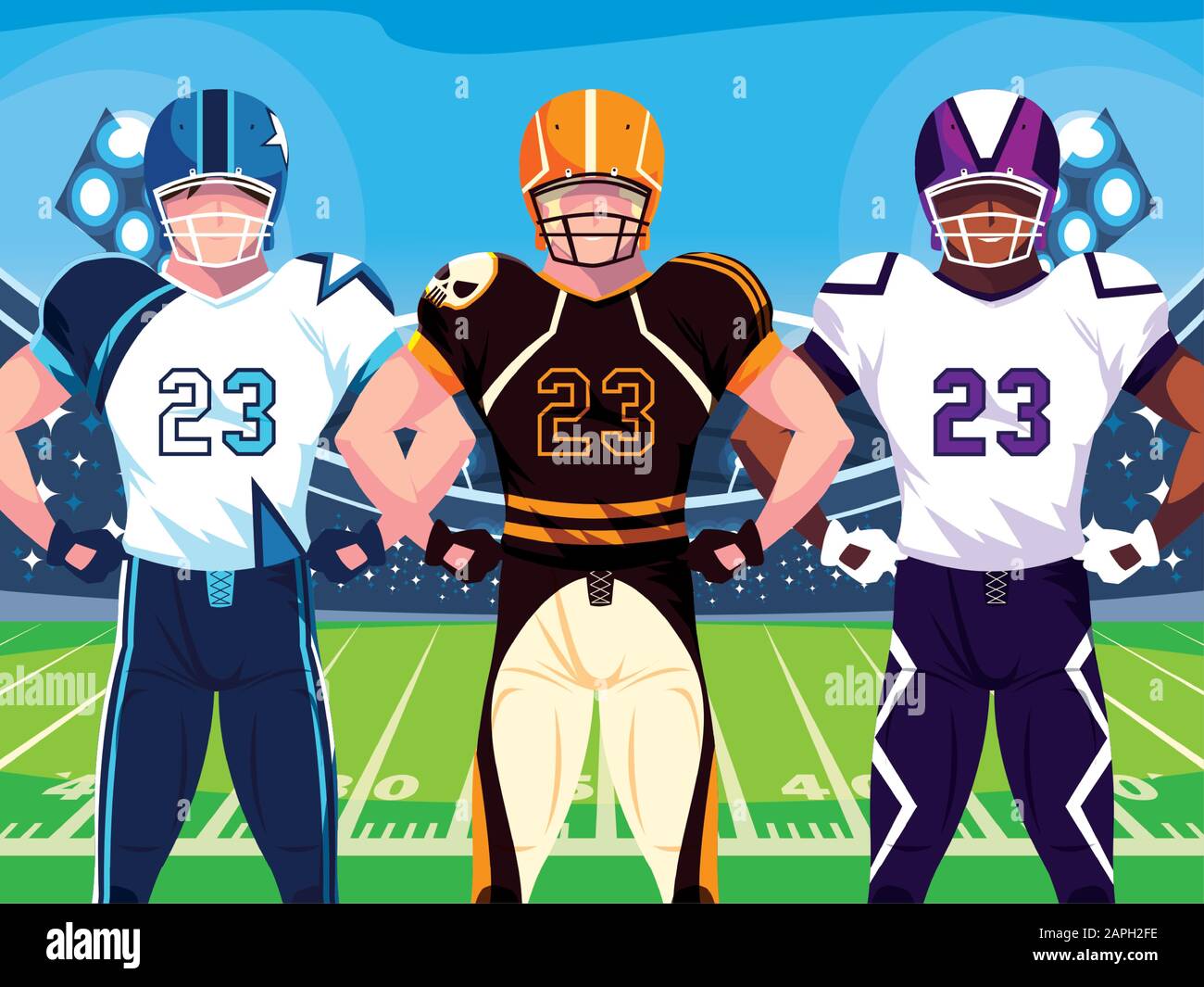Giocatori con casco di fronte al design del campo, Super Bowl american football sport hobby gioco allenamento attrezzature tournement e giocare tema Vector illustrazione Illustrazione Vettoriale