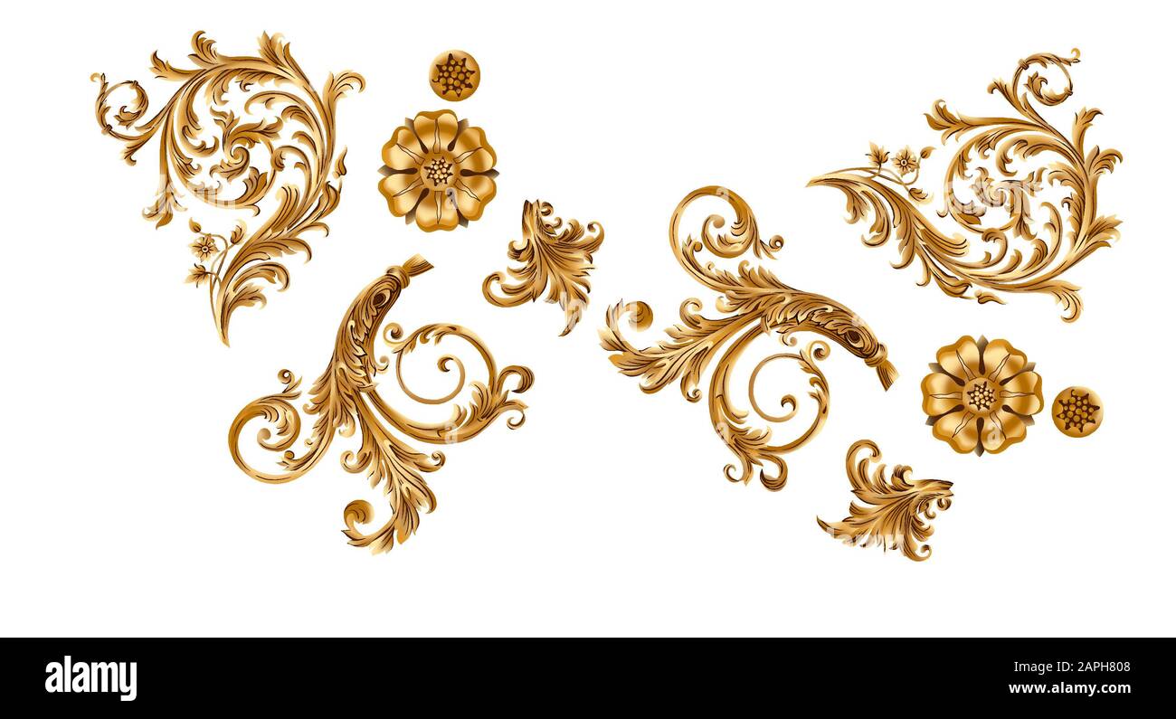 Un bel design barocco per la stampa tessile o la creazione di un nuovo design. Illustrazione barocca per la stampa digitale su nero. Foto Stock