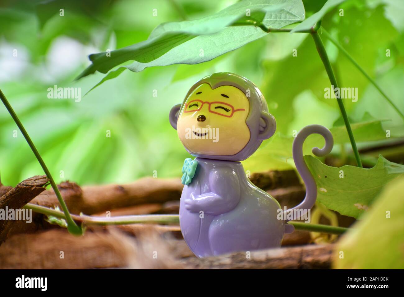 Ritratto di un giocattolo sorridente di scimmia con sfondo verdastro e foglie sfocate Foto Stock