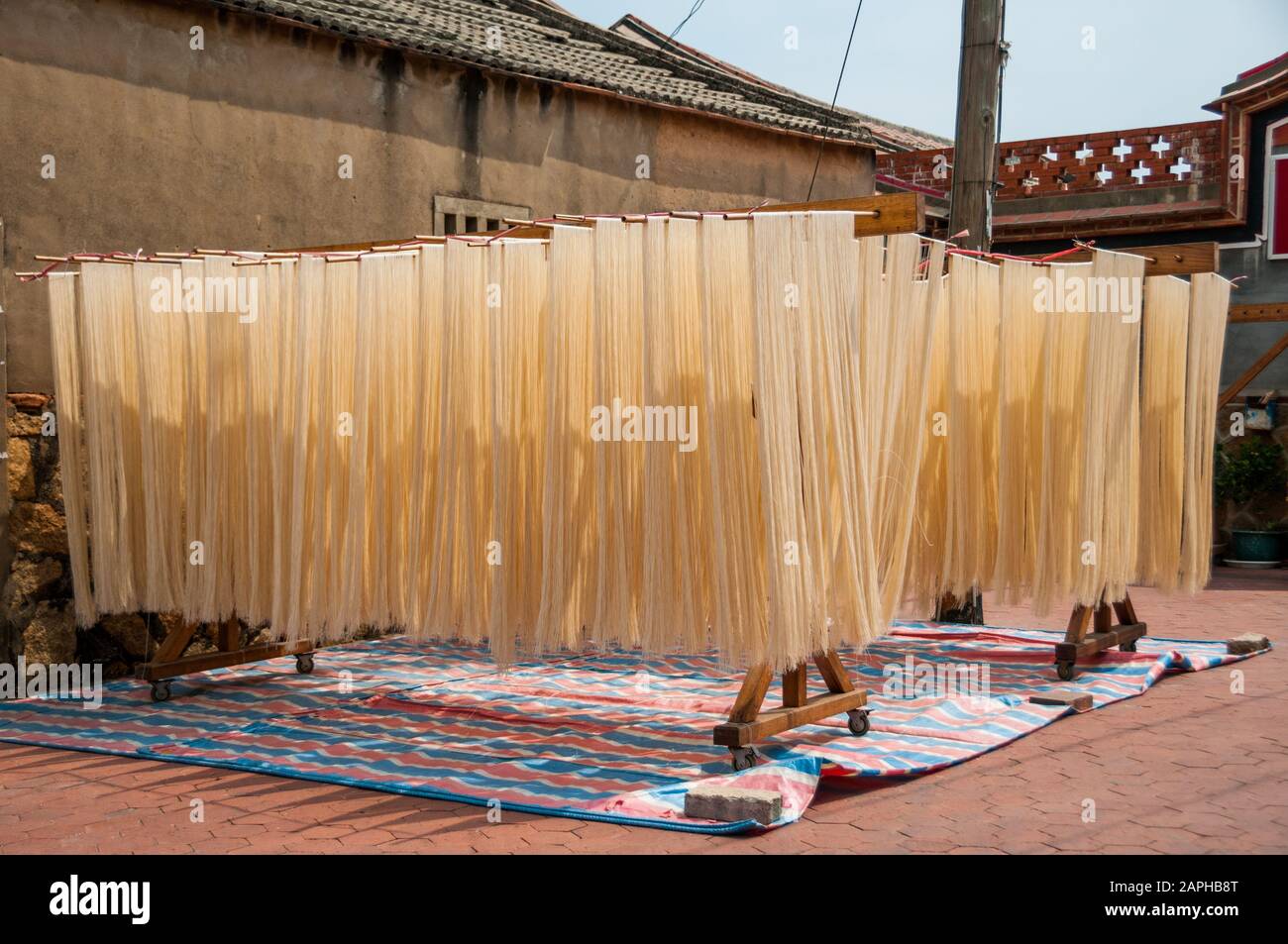 Tagliatelle appesa ad asciugare in Nanshan villaggio sul Jinmen (Kinmen) Isola. Repubblica di Cina (Taiwan). Foto Stock