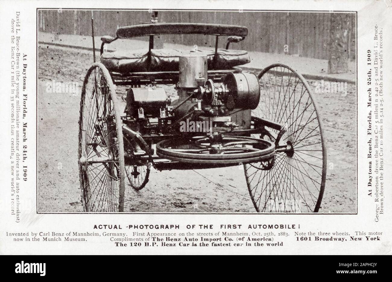 Auto d'epoca, Benz Patent Motor Car numero 1, la prima automobile, Inventata da Carl Benz ('Karl Benz'), Mannheim, Germania, dal catalogo commerciale Benz & Co, fotografia 1909 Foto Stock