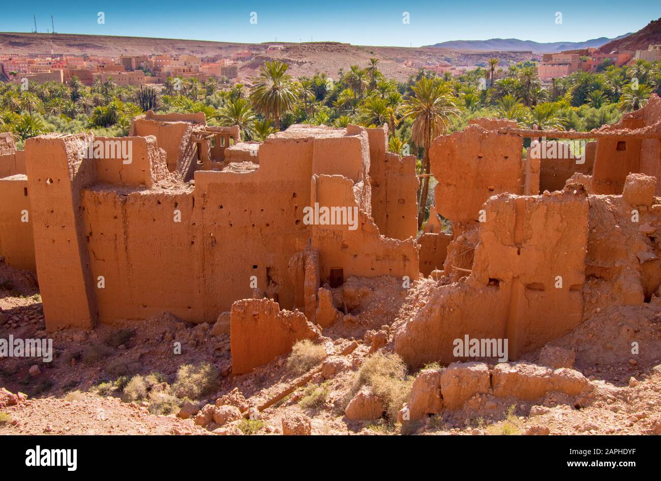 Antiche rovine di kasbah e oasi di palme in Tinghir Marocco Foto Stock