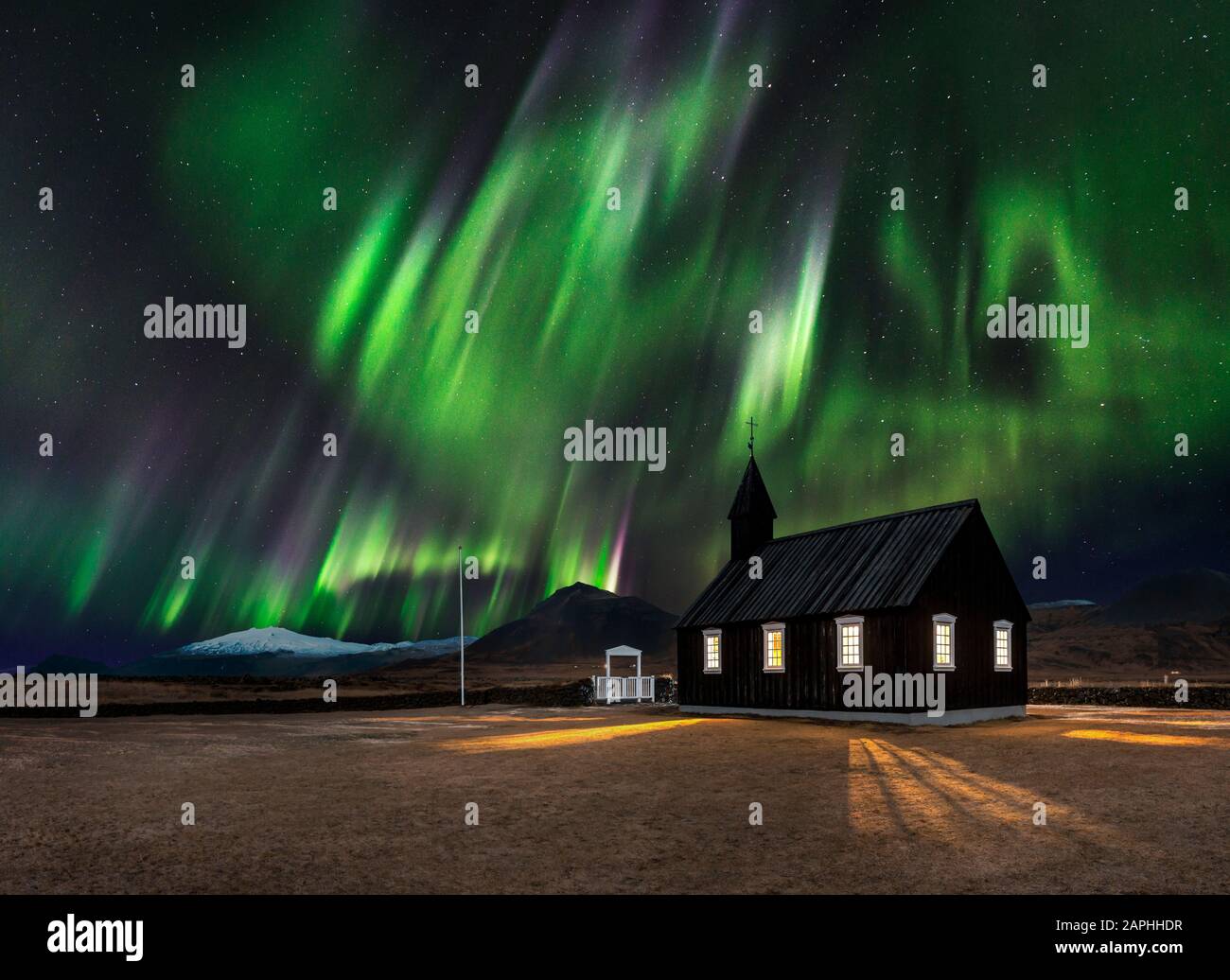 Aurora Borealis, Chiesa Di Budir, Penisola Di Snaefellsnes, Islanda Occidentale. Foto Stock