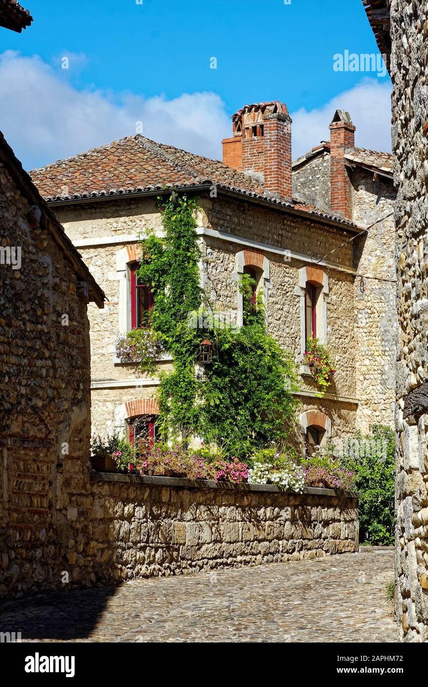 Scena cittadina, paesaggio urbano, vecchi edifici in pietra, strada acciottolata, mezzo muro, fiori in vaso, borgo medievale murato, 14-15 secolo, Perouges, Francia Foto Stock