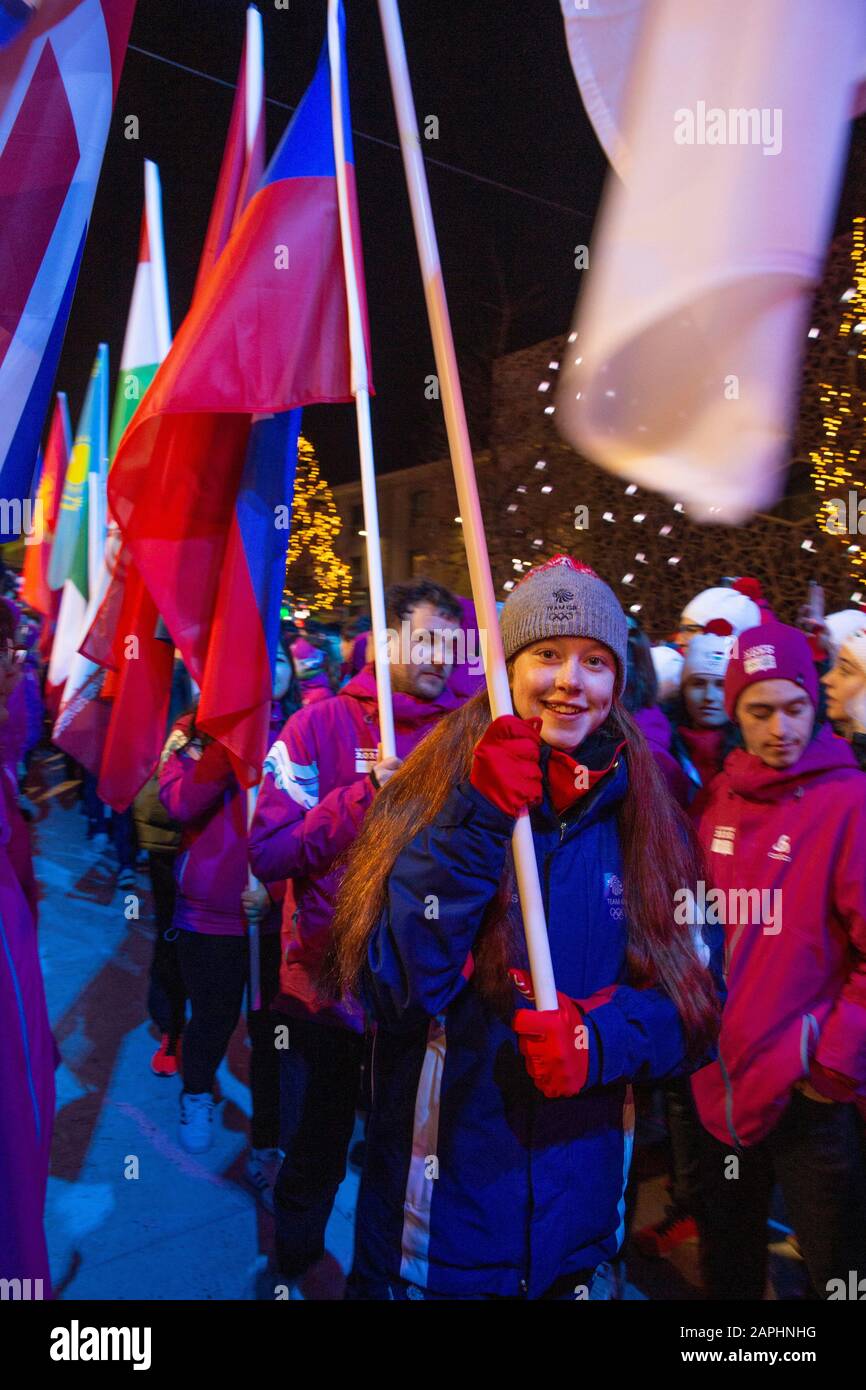 Kirsty Muir rappresenta il Team GB alla cerimonia di Chiusura delle Olimpiadi di Losanna 2020, il 22nd gennaio 2020 a Losanna, Svizzera. Foto Stock