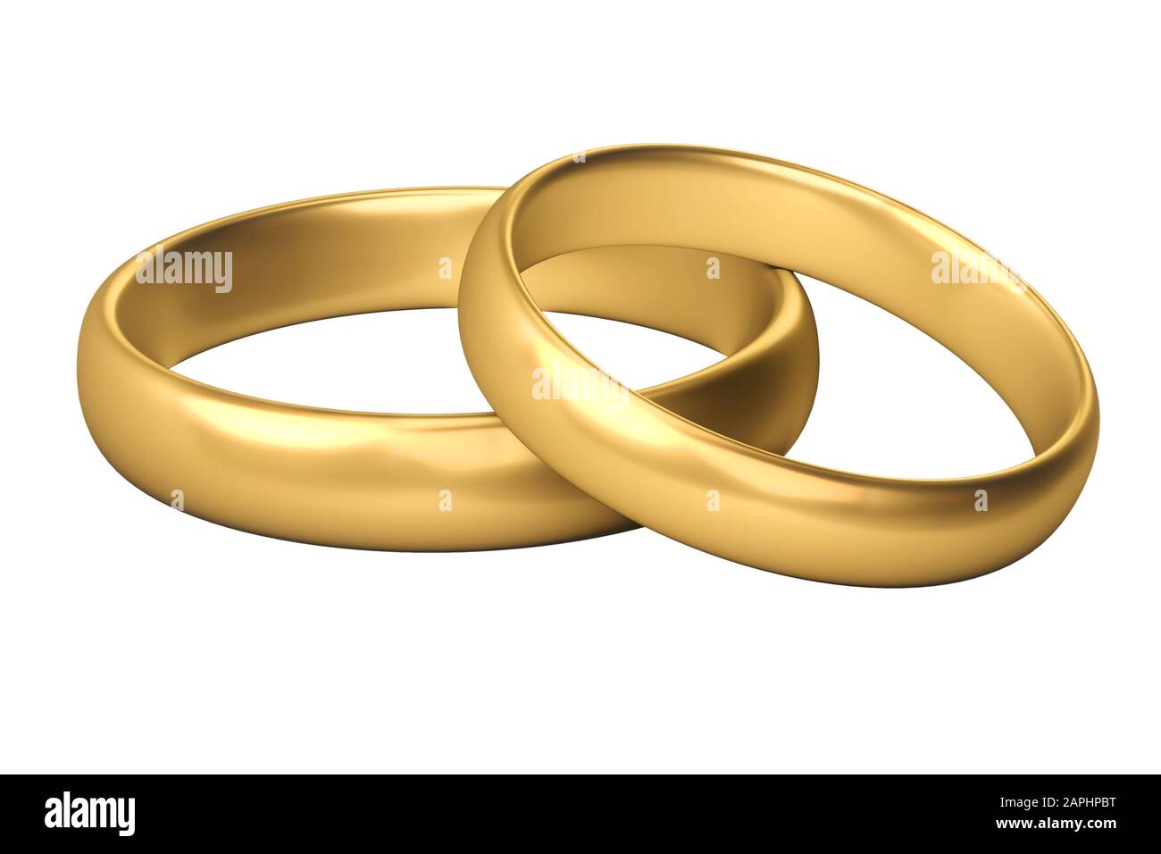 Illustrazione di due anelli di oro di nozze senza ombra giacciono su l'un l'altro. rendering 3d Foto Stock