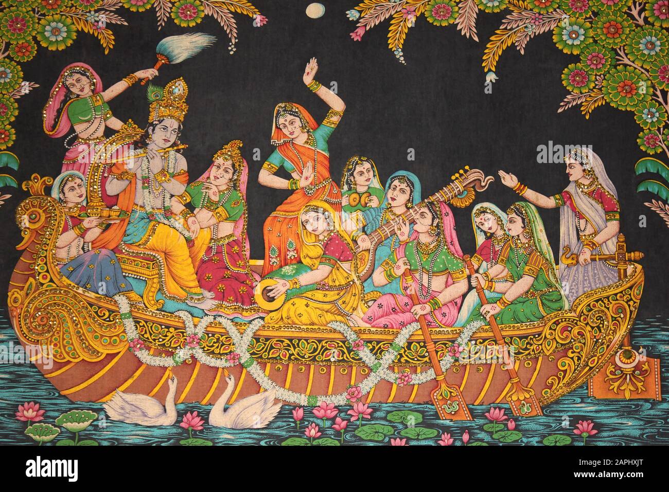 Lord Krishna In Una Barca Che Gioca Flute Con I Suoi Seguaci Foto Stock
