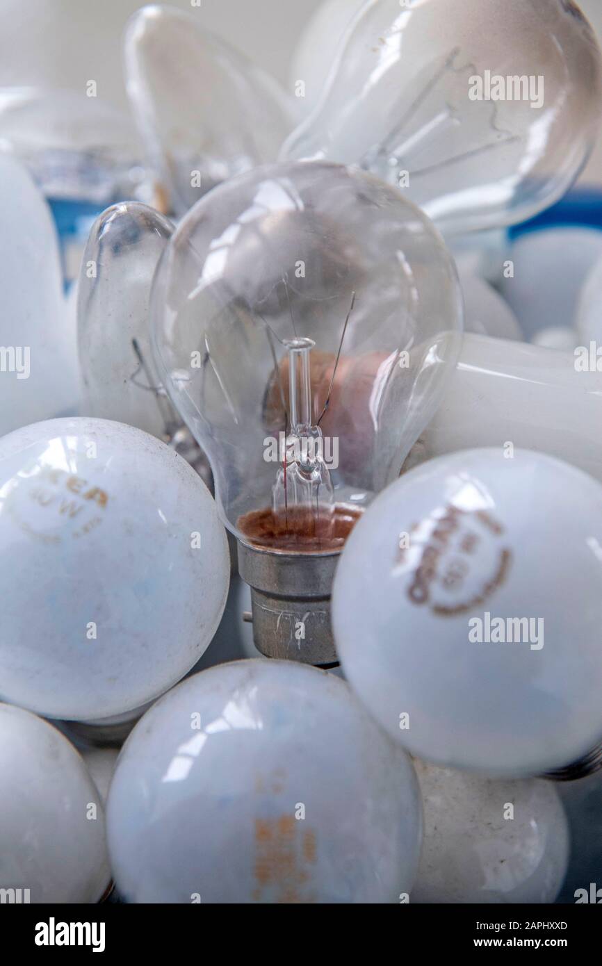 Molte vecchie lampadine a incandescenza al tungsteno. Foto Stock