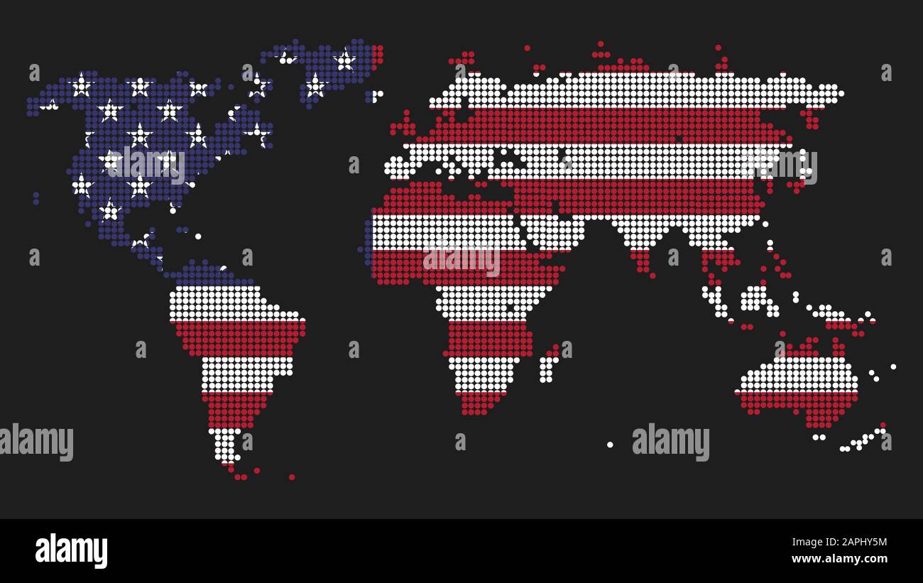 La mappa del mondo punteggiata è un'illustrazione fatta dei colori della bandiera degli Stati Uniti come concetto per il dominio globale degli Stati Uniti. Simbolo del potere e della leadership. Politica, militare A. Foto Stock