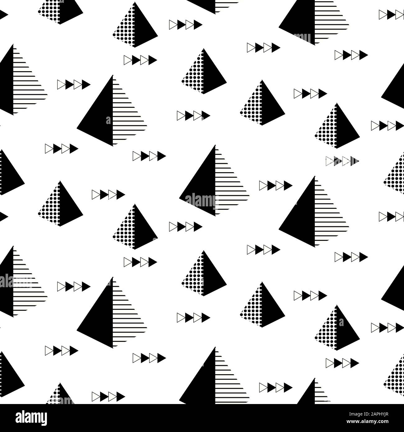 Piramide e motivo a freccia in bianco e nero senza cuciture. Ripetizione dello sfondo del disegno geometrico. Illustrazione Vettoriale
