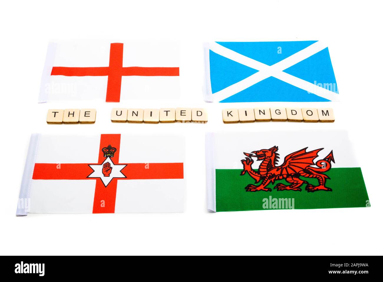 Le bandiere delle quattro nazioni d'origine del Regno Unito Foto Stock