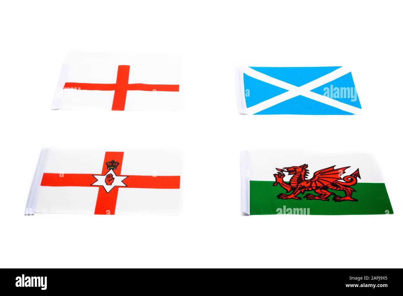 Le bandiere delle quattro nazioni d'origine del Regno Unito Foto Stock