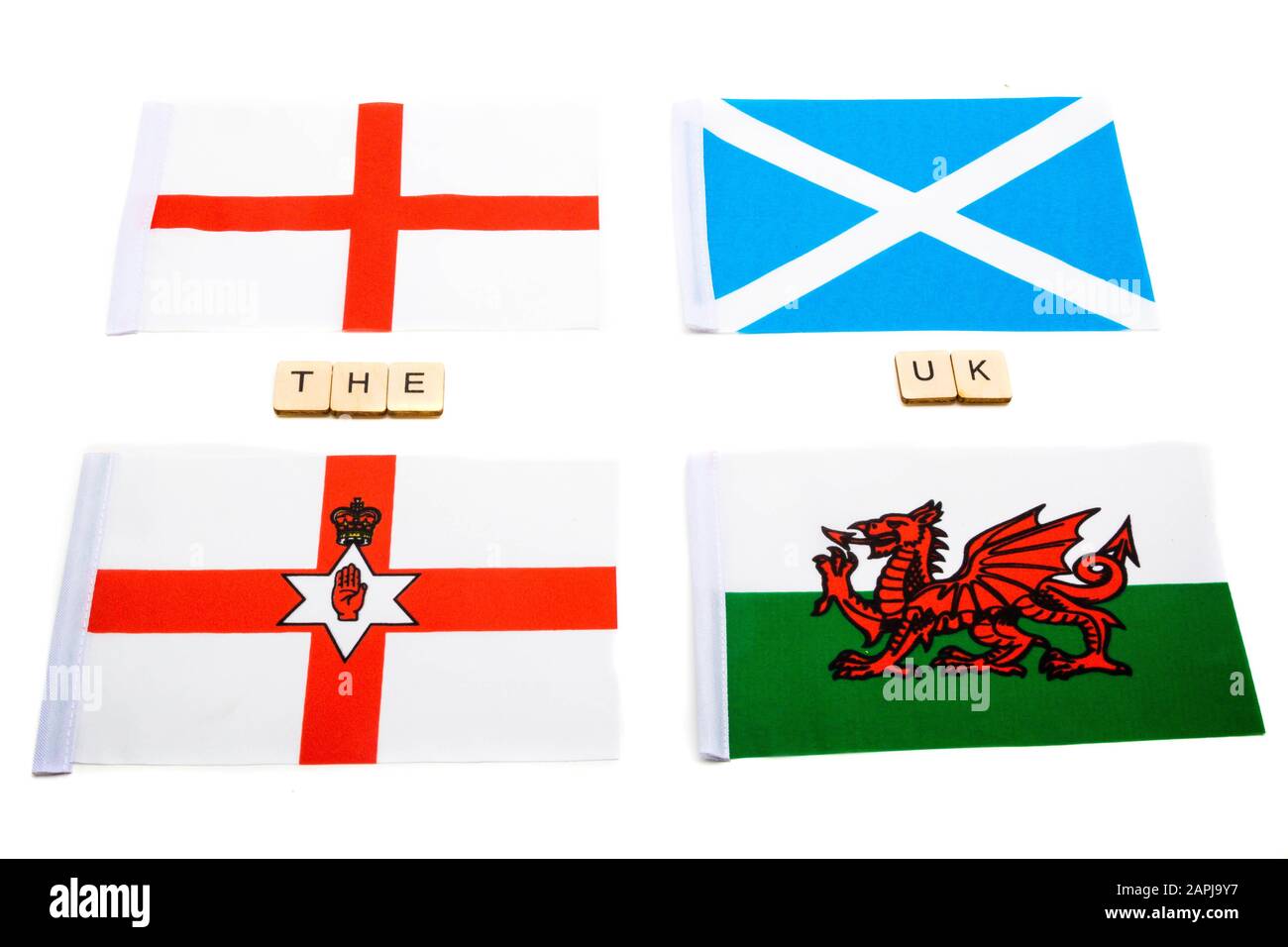 Le bandiere delle quattro nazioni d'origine del Regno Unito Foto Stock