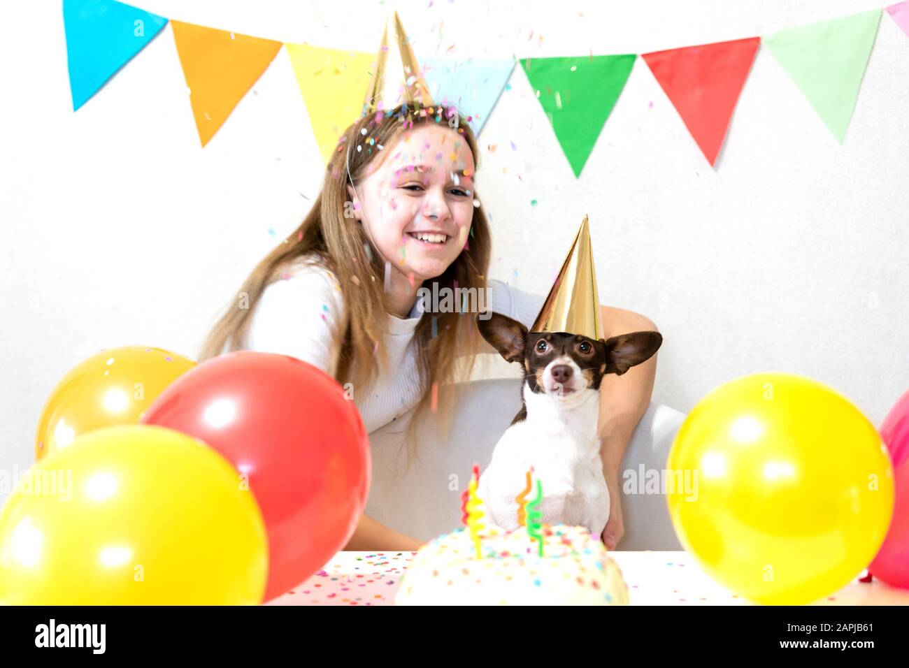 Carino piccolo cane divertente con una torta di compleanno e un cappello festa che celebra il compleanno con ragazza amante. Bella giovane donna e un cane in tappi di vacanza. Festa di compleanno del cane. Concetto di amicizia.. Foto Stock