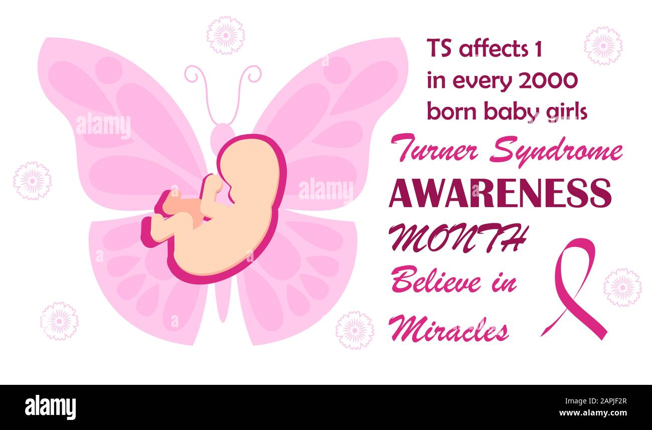 Il mese di consapevolezza della sindrome di Turner è celebrato il ib febbraio. Vettore simbolo farfalla rosa su sfondo bianco . Credi nel testo dei miracoli e nel cremisi Illustrazione Vettoriale