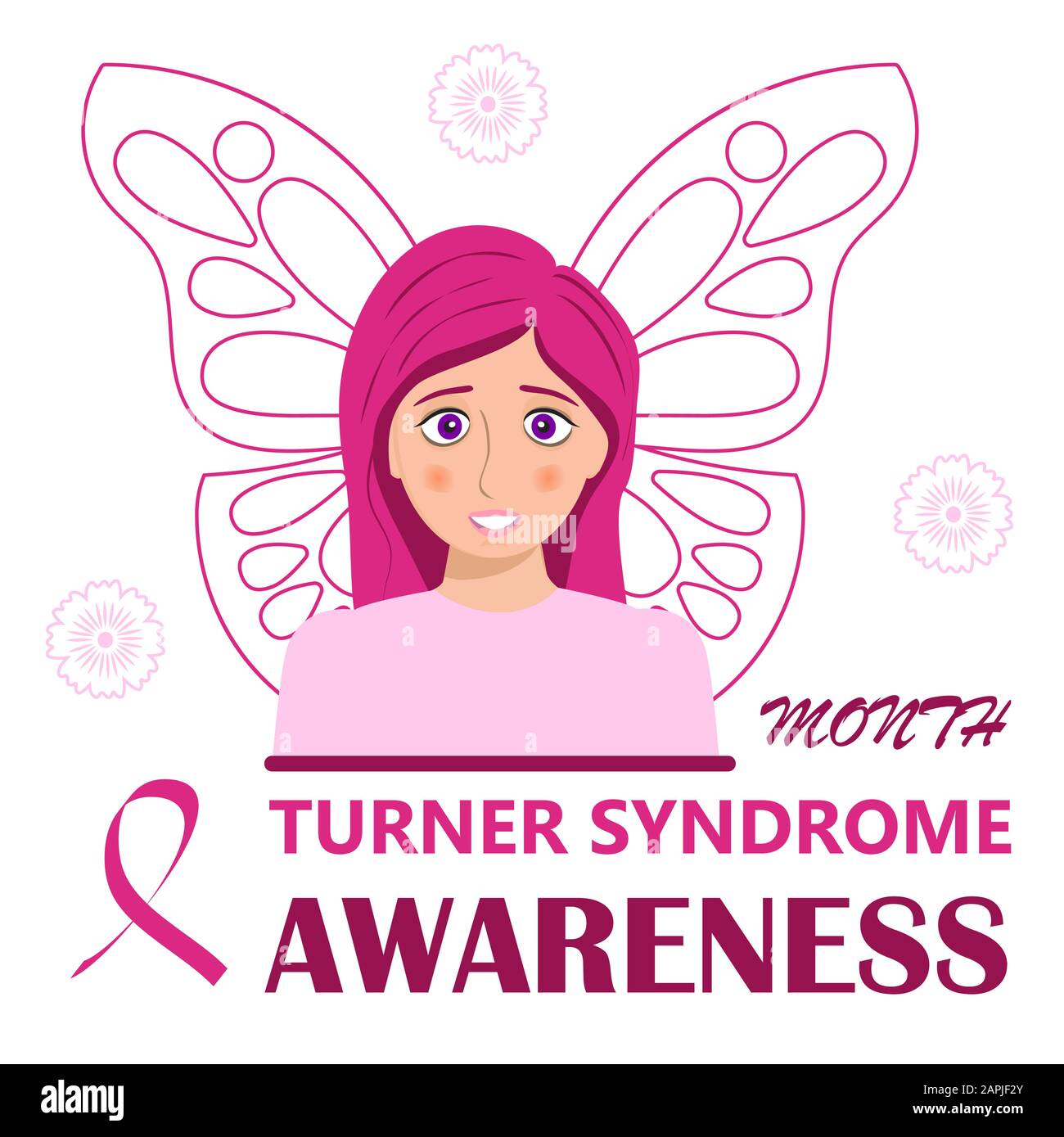 Il mese di consapevolezza della sindrome di Turner è celebrato il ib febbraio. Vettore simbolo farfalla rosa su sfondo bianco . Credi nel testo dei miracoli e nel cremisi Illustrazione Vettoriale