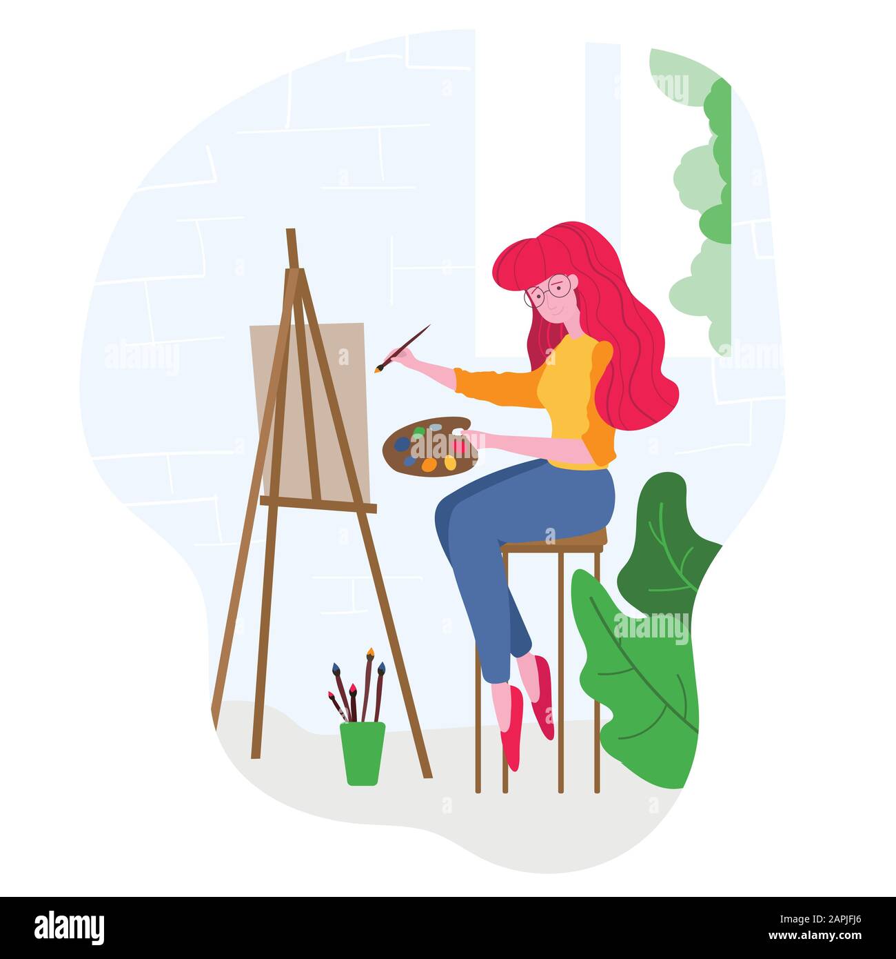 Interni dello studio d'arte. Donna artista disegno. Illustrazione Vettoriale