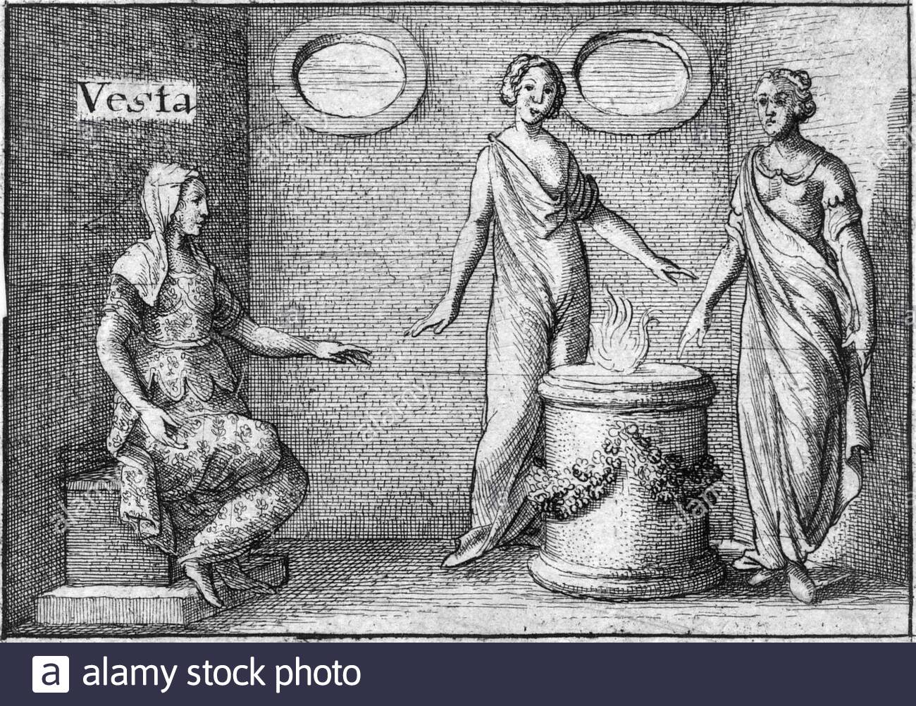 Dea romana Vesta, Dea del focolare, casa e famiglia, incisione del etcher boemo Venceslao Hollar da 1600s Foto Stock