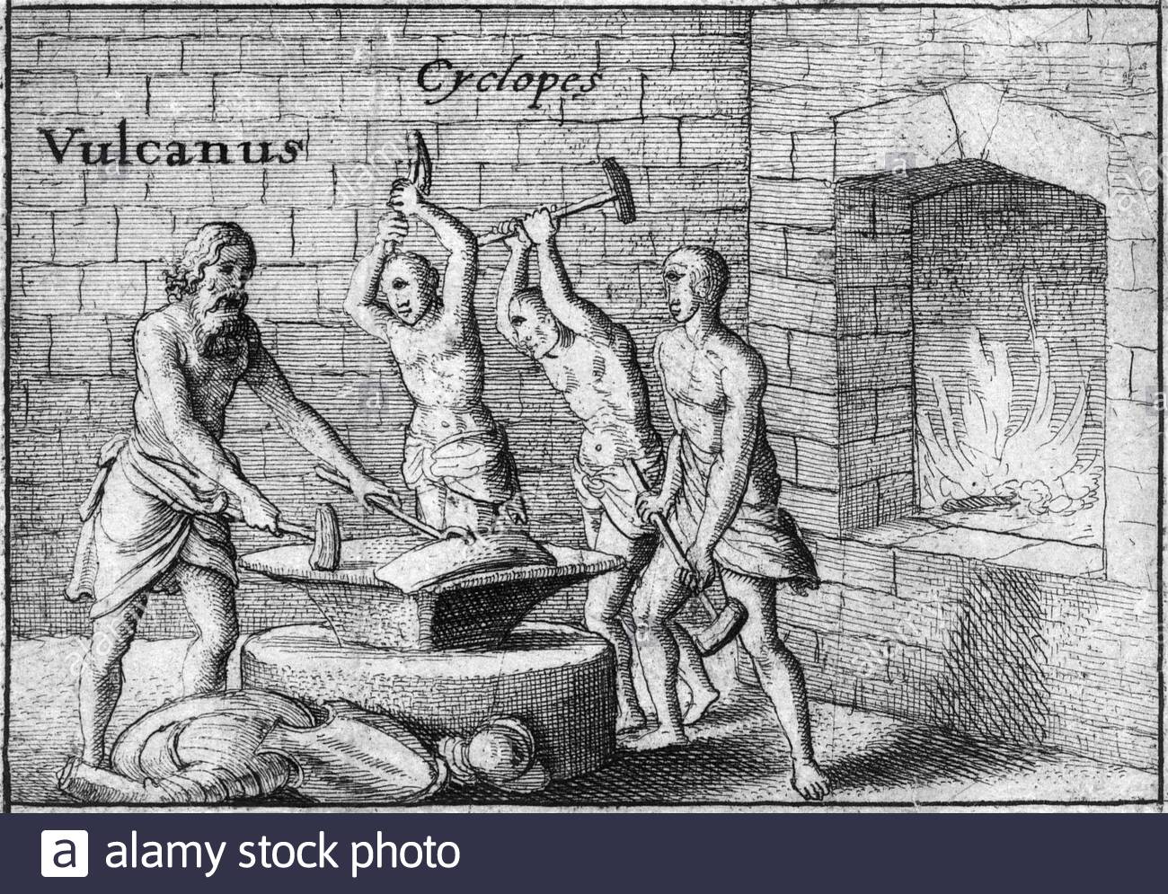 dio romano Vulcan, Dio del fuoco, con Ciclopi, incisione da etcher boemo Venceslao Hollar dal 1600 Foto Stock