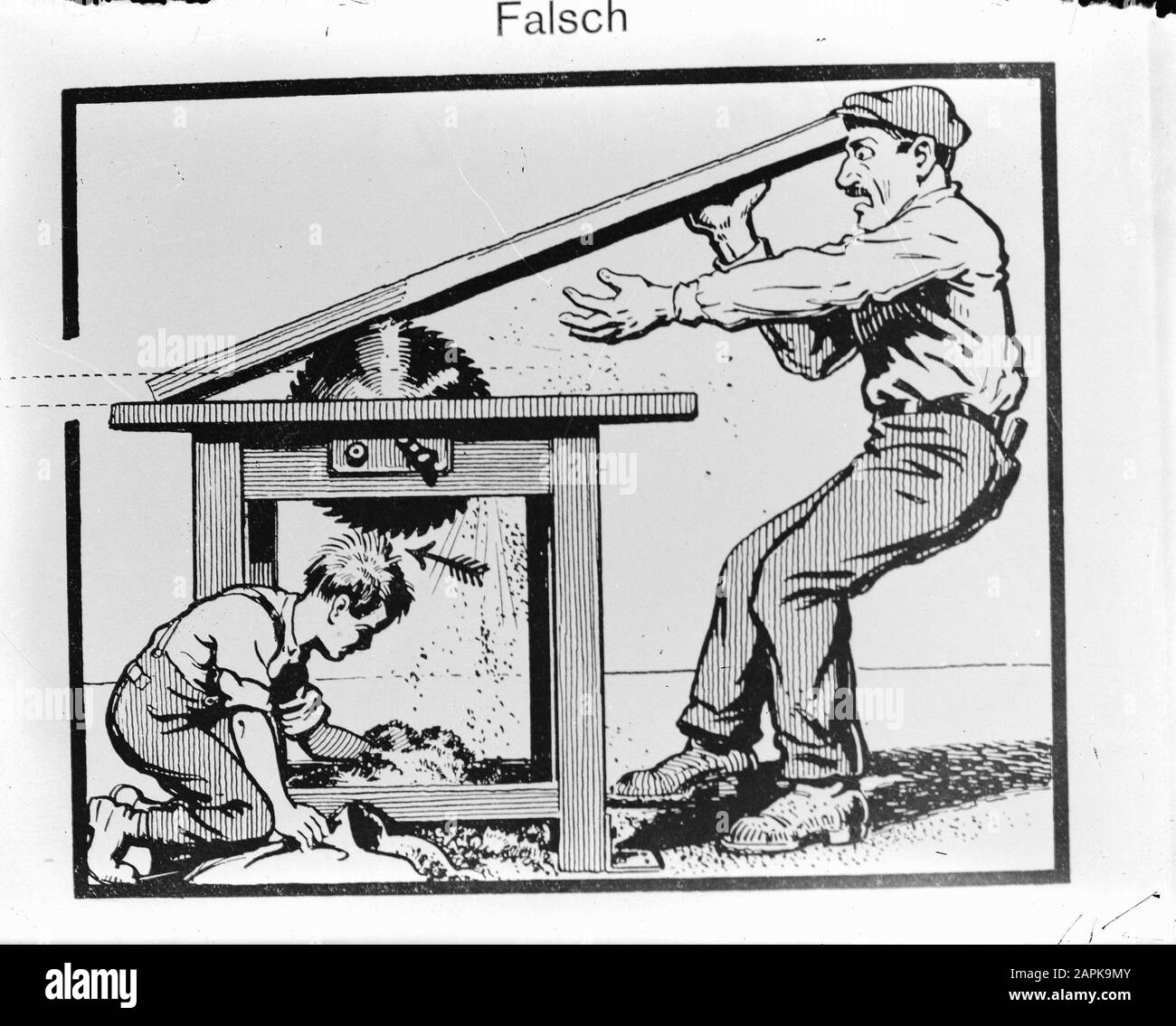 9x12 Avvertenza contro il pericolo di lavorare con sega circolare Data: Parole Chiave dense: Poster, seghe circolari, pericoli Foto Stock