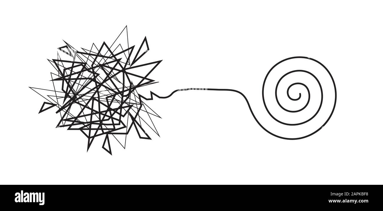 Linee spezzate aggrovigliate e linee a spirale pulite e non aggrovigliate, nodi complessi e semplici, costruzione e risoluzione di problemi complessi, brainstorming, doodle Illustrazione Vettoriale