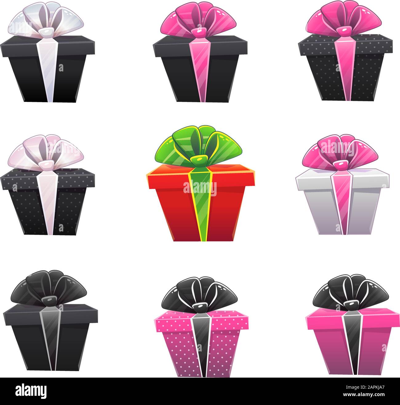 Set di scatole regalo rosa chiaro con archi e nastri verdi di diverse dimensioni . illustrazione vettoriale isolato su bianco Illustrazione Vettoriale