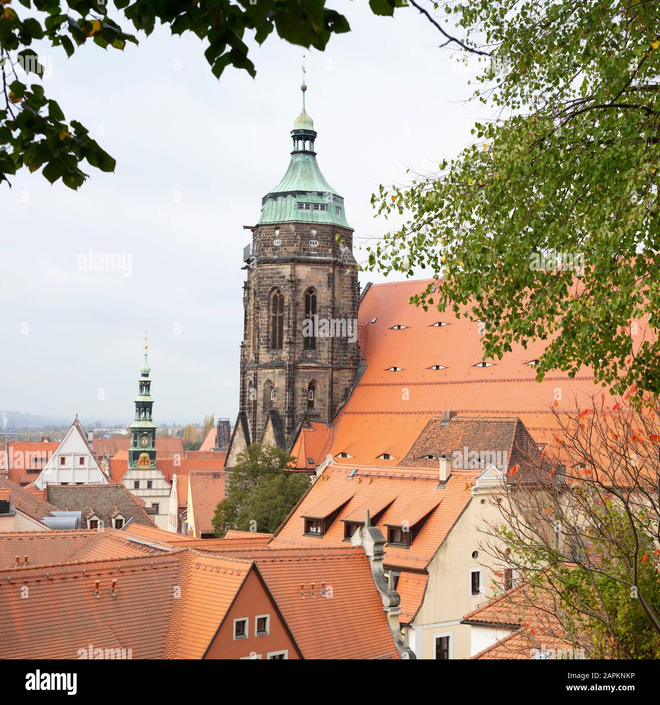 Germania, Sassonia, Pirna, Marienkirche torre circondata da tetti di tegole Foto Stock