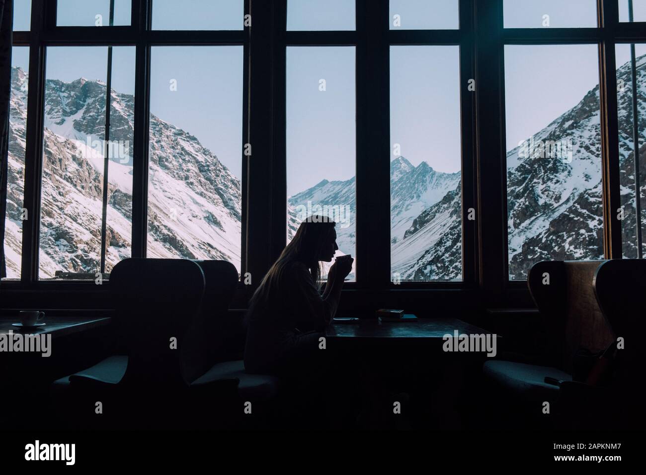 Una donna sorsegge tè caldo che si affaccia sulle montagne innevate del Cile. Foto Stock