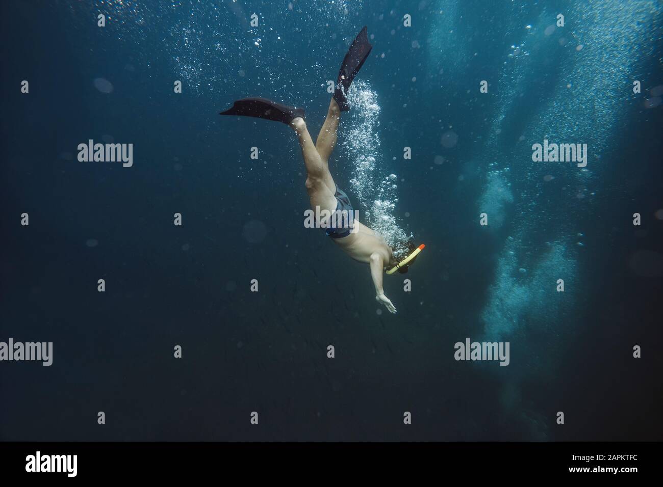 Uomo snorkeling sott'acqua, Gili Meno, isole Gili, Bali, Indonesia Foto Stock