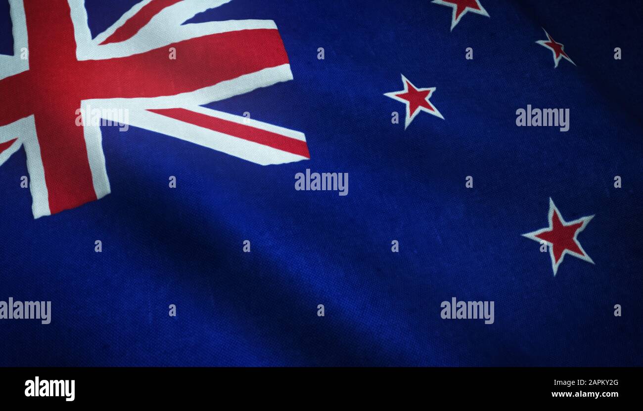 Primo piano della bandiera sventolante della Nuova Zelanda con texture interessanti Foto Stock