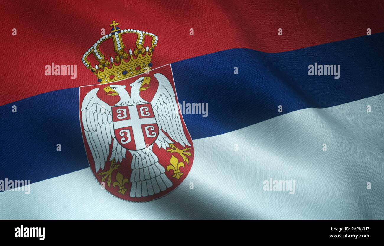 Primo piano della bandiera sventolante della Serbia con interessante trame Foto Stock