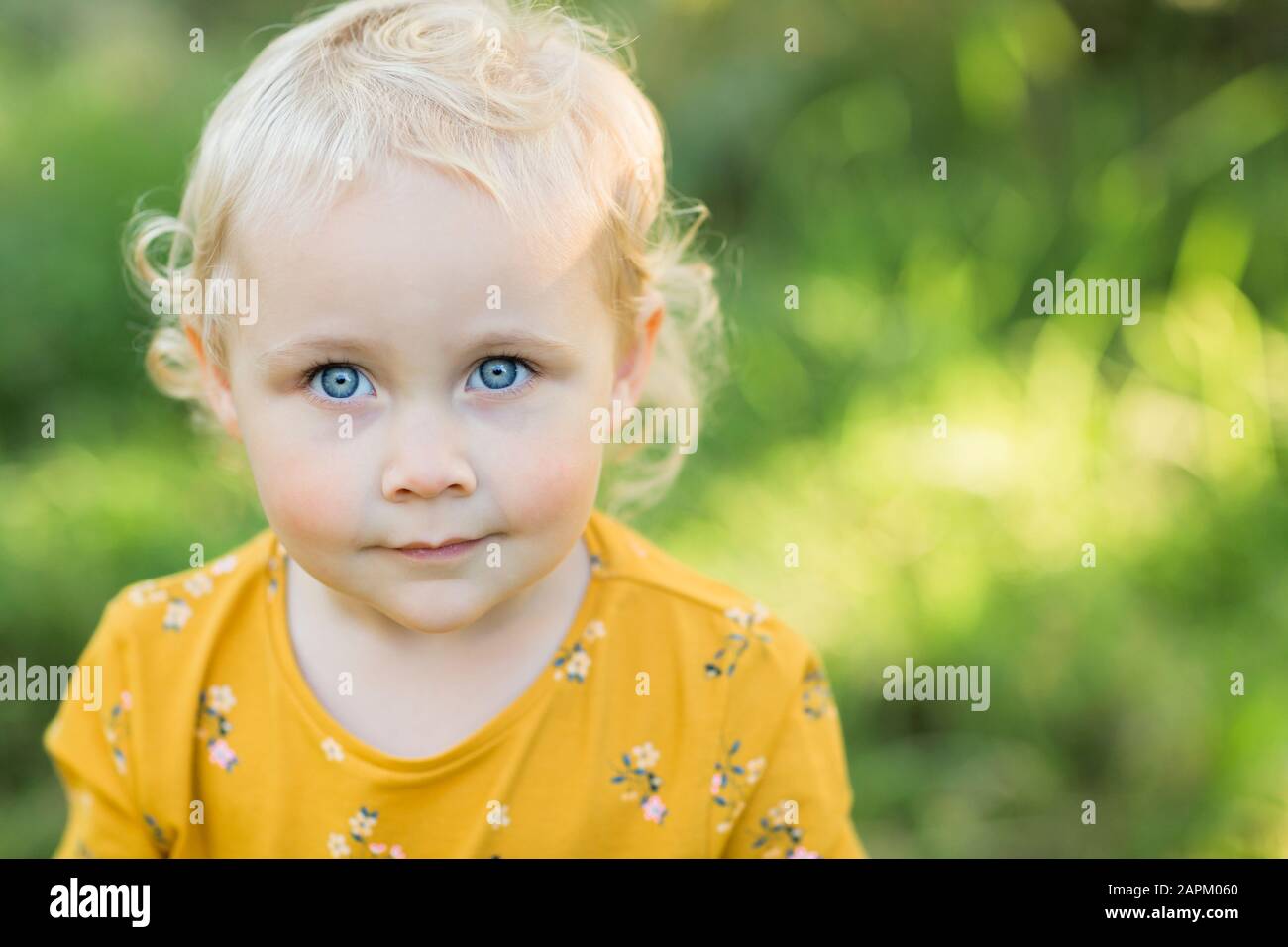 Ritratto della ragazza bionda toddler con occhi blu Foto Stock