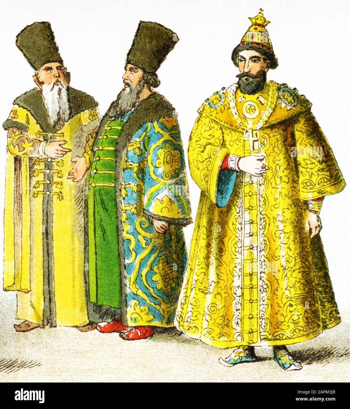 Le figure qui rappresentano il popolo slavo nel 1400 d.C. Sono, da sinistra a destra: Due nobili russi e uno zar russo. L'illustrazione risale al 1882. Foto Stock