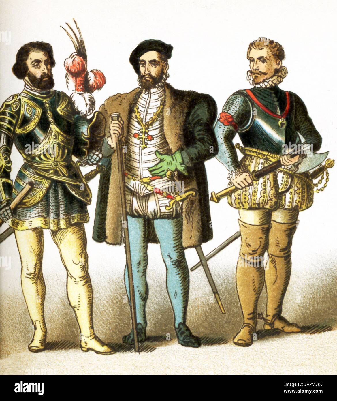 Le figure rappresentano gli uomini spagnoli dal 1500 al 1600 d.C. Essi sono, da sinistra a destra: Ferdinando Cortez (morto nel 1547); Don Louis Quijada, generale di Carlo V (morto nel 1570); e Don Giovanni d'Austria (morto nel 1578). L'illustrazione risale al 1882. Foto Stock
