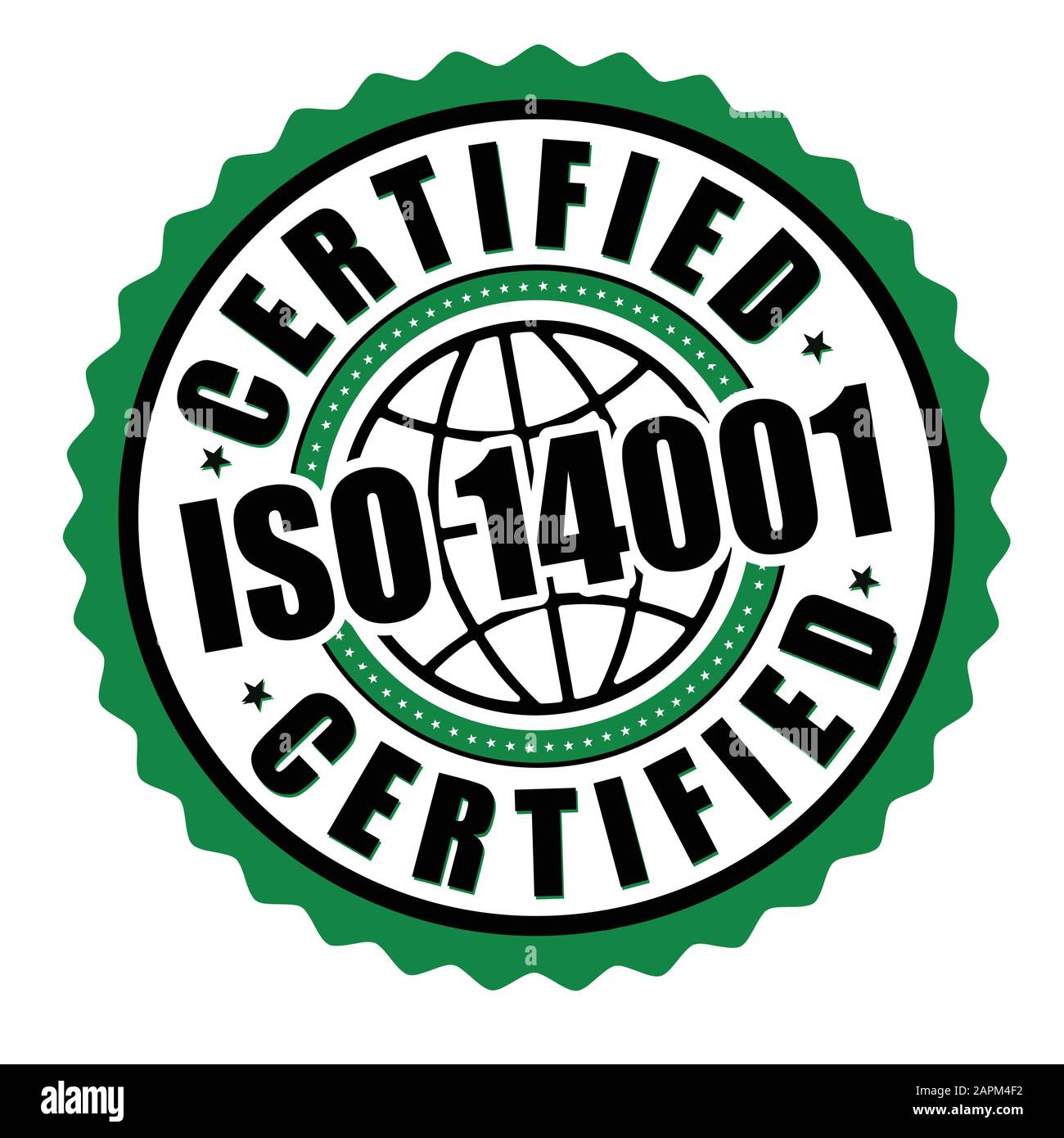 Etichetta o adesivo certificato ISO 14001 su sfondo bianco, illustrazione vettoriale Illustrazione Vettoriale