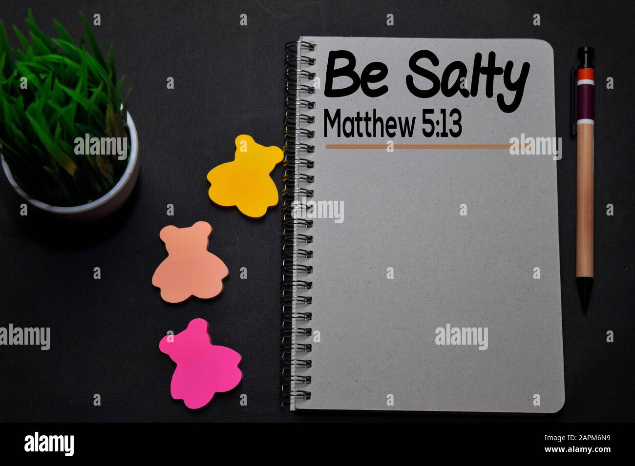 Sia Salato - Matteo 5:13 scriva su un libro isolato sulla scrivania dell'ufficio. Concetto di fede cristiana Foto Stock