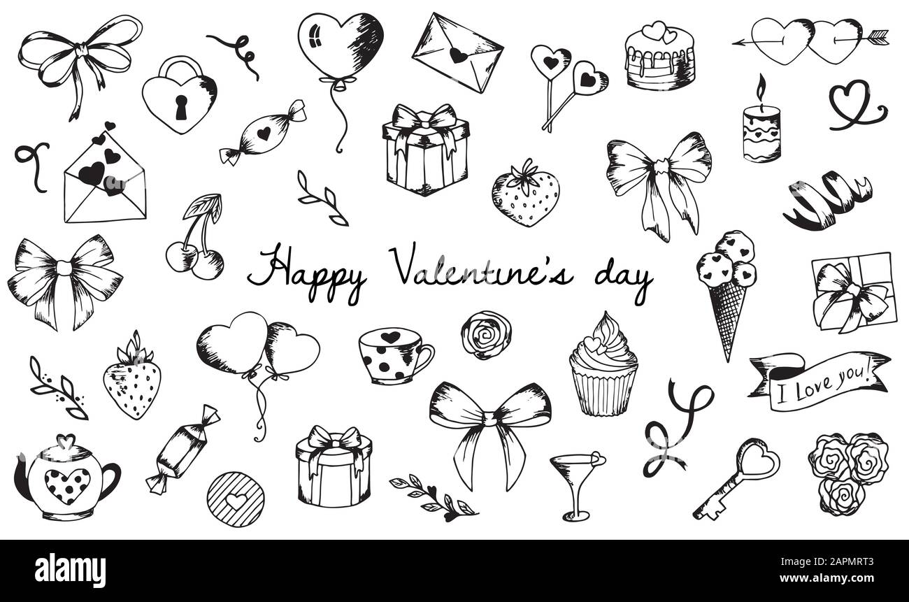 Set di elementi disegnati a mano cute sull'amore. Elementi di design isolati su bianco. Buon San Valentino di fondo. Illustrazione Vettoriale
