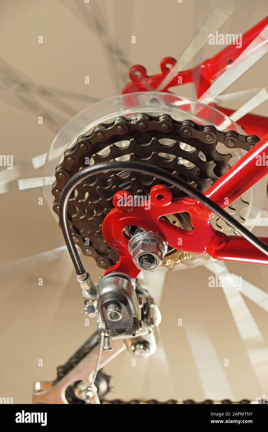 Ruota posteriore di una bicicletta rossa con deragliatore, primo piano sulle marce. Foto Stock
