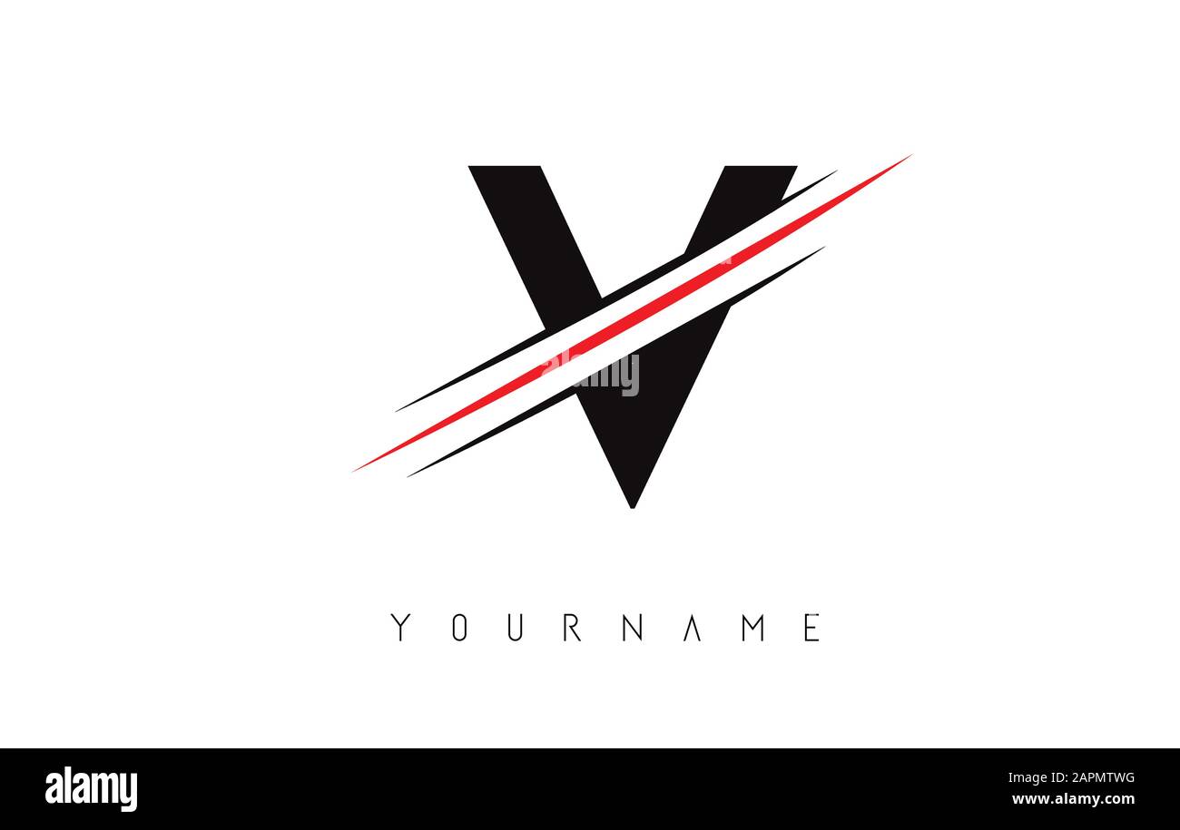 V Letter Logo Design tagliato al centro con una linea rossa e bordi affilati. Design creativo del logo. Modello di disegno icona moda. Illustrazione Vettoriale