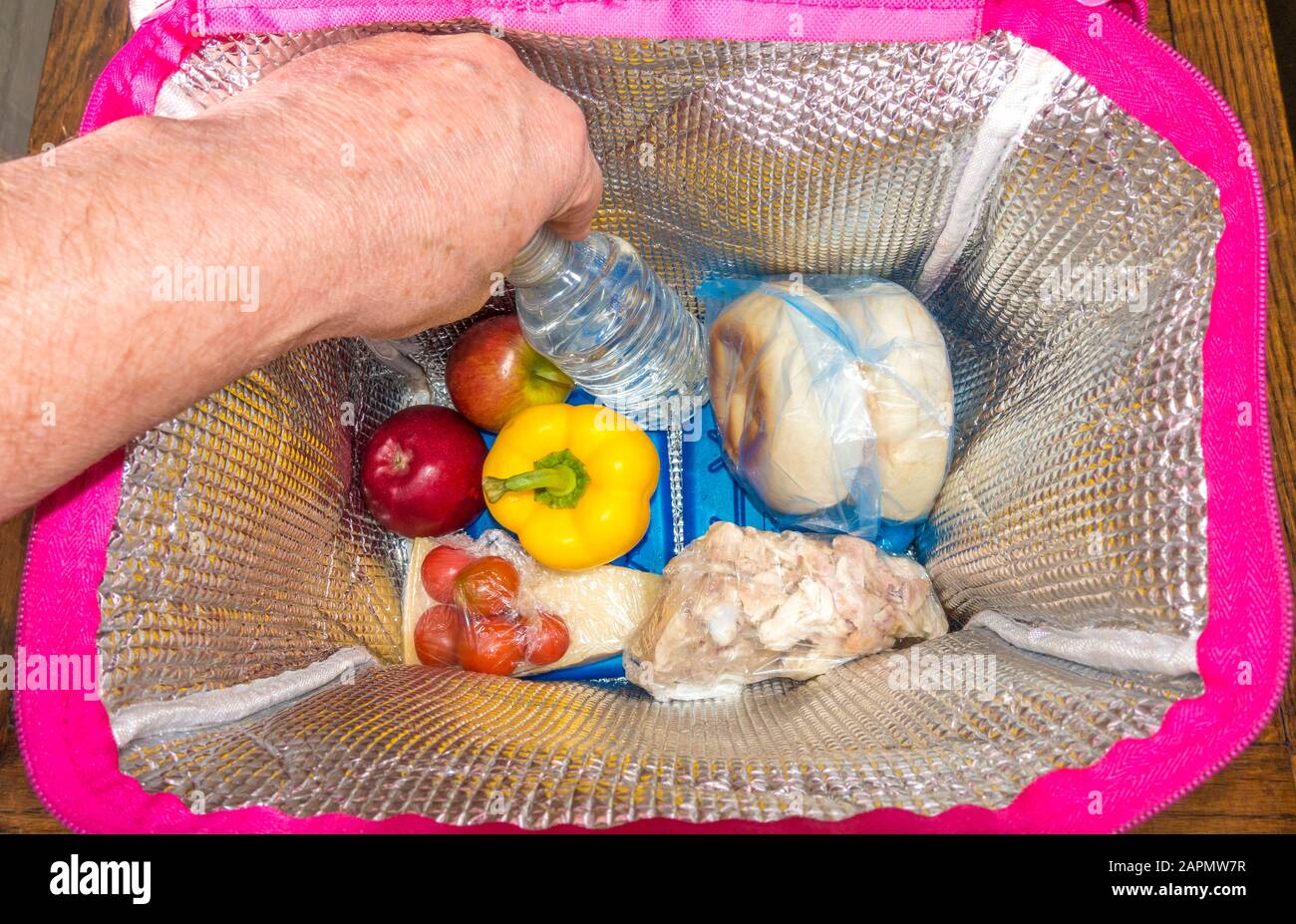 Closeup colpo di testa di vari articoli di cibo, e una bottiglia di acqua, essendo messo in un sacchetto freddo isolato, con blocchi di ghiaccio sul fondo. Foto Stock