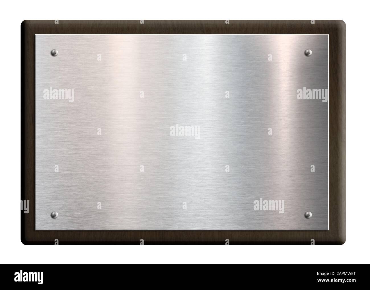 Placca di legno con piastra d'argento isolata su bianco. Foto Stock