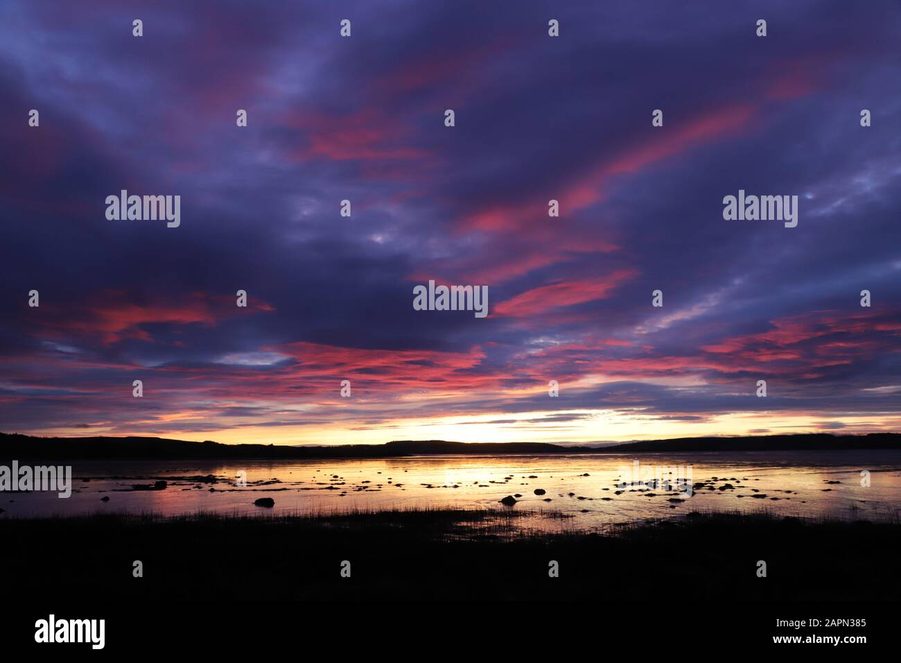 Dundee, Regno Unito. 24th Gen 2020. Alba su Invergowrie Bay vicino a Dundee. Un inizio drammatico alla giornata mite a Tayside. Credito: Stephen Finn/Alamy Live News Foto Stock