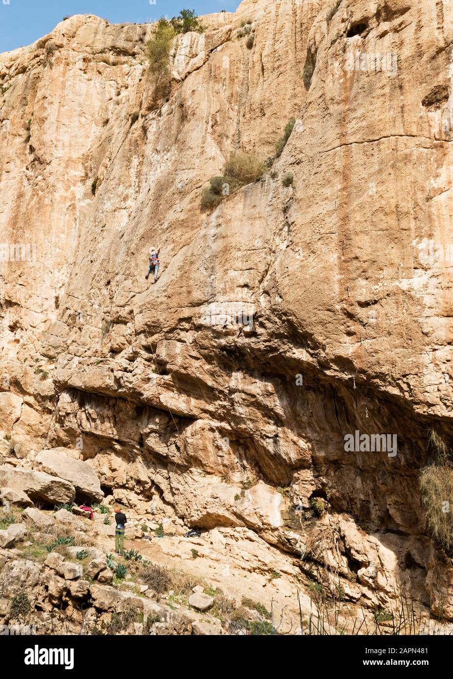 un scalatore di roccia scala una scogliera di calcare di taglio in wadi qelt vicino a ein prat nelle montagne di judaean nella riva ovest con il suo belayer in primo piano Foto Stock