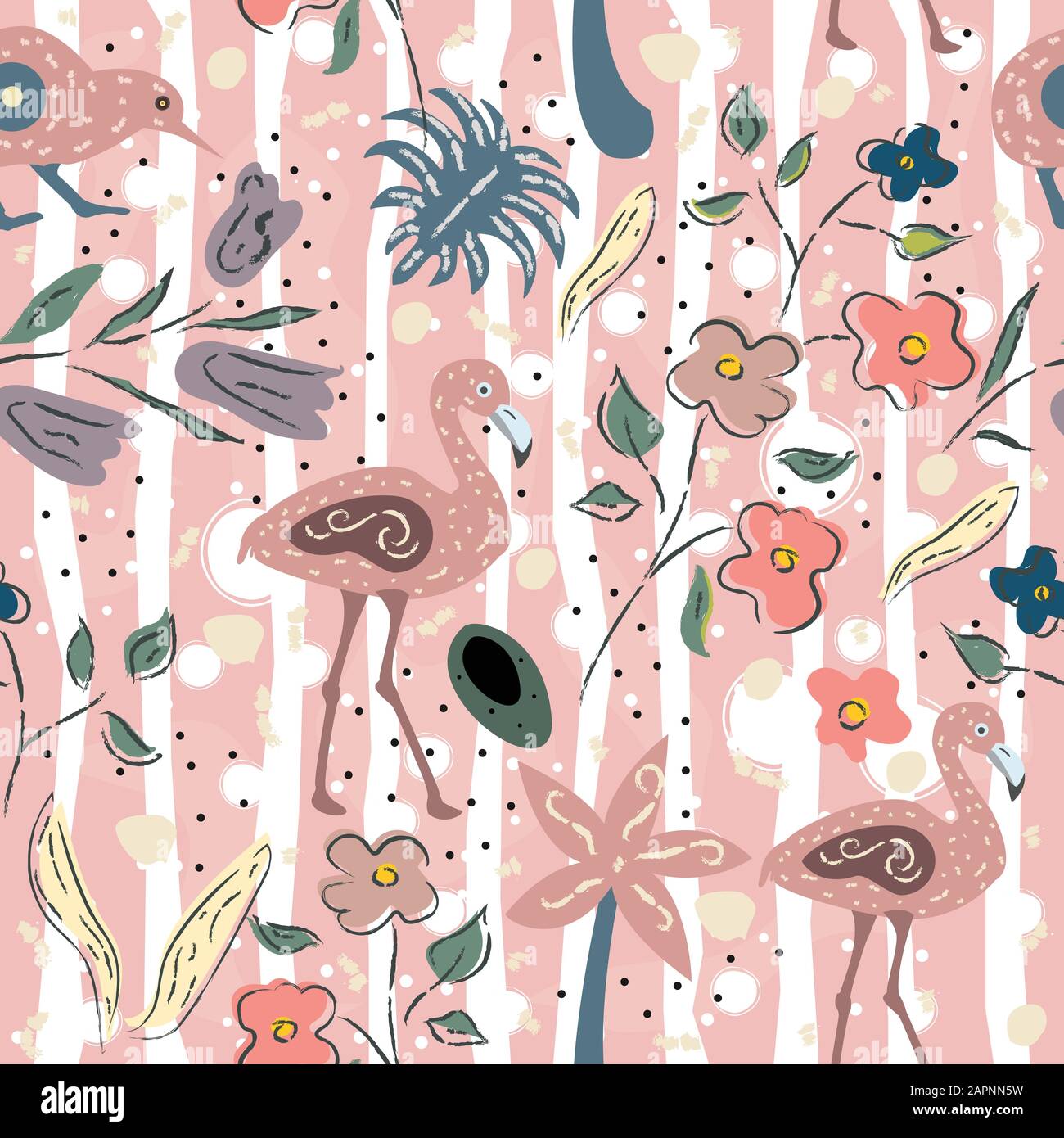 Creative modello estivo con uccelli esotici di flamingo sullo sfondo con piante esotiche, palme e fiori. Illustrazione Vettoriale Illustrazione Vettoriale