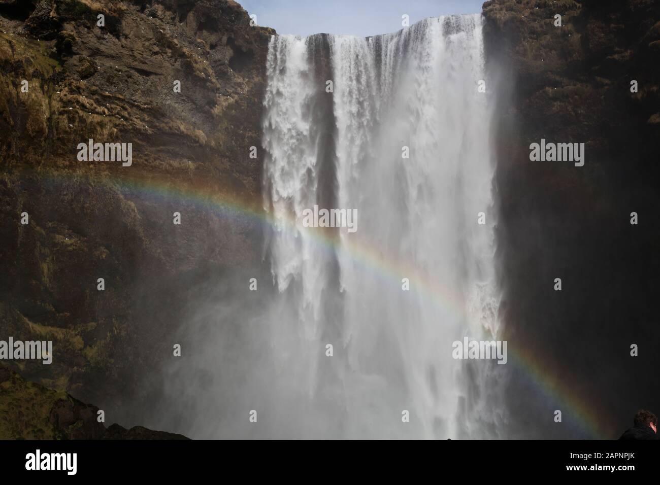 Un arcobaleno attraverso l'iconica cascata di Skógafoss, nel sud dell'Islanda Foto Stock