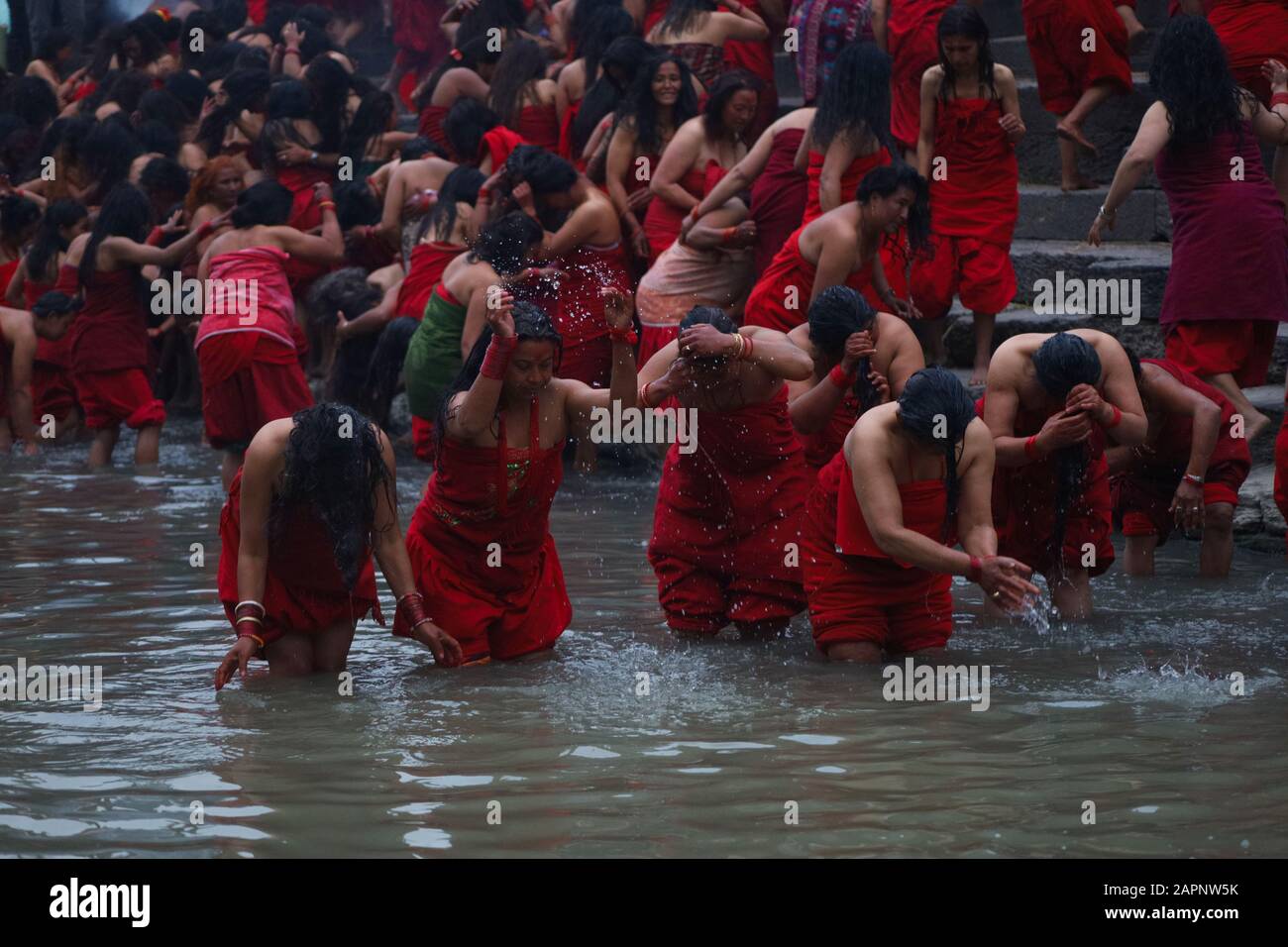 Kathmandu, Nepal. 24th Gen 2020. I devoti indù nepalesi prendono il bagno santo rituale durante il festival di Narayan di Madhav o il tempiale di Swasthani Brata Katha Pashupathinath a Kathmandu, in Nepal venerdì 24 gennaio 2020. I devoti vanno in pellegrinaggio a vari templi, svolgono rituali religiosi, fanno un bagno santo nei fiumi e veloci per un mese, soprattutto tra le donne che credono che il digiuno aiuti nel benessere della loro famiglia o nel farli un buon marito. (Foto Di Subash Shrestha/Pacific Press) Credit: Pacific Press Agency/Alamy Live News Foto Stock